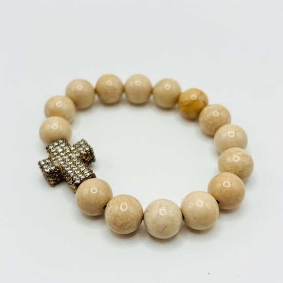 Beaded Stretch Bracelet Natural Stone Look Beige Beads Rhinestone Cross Charm - Picture 1 of 3